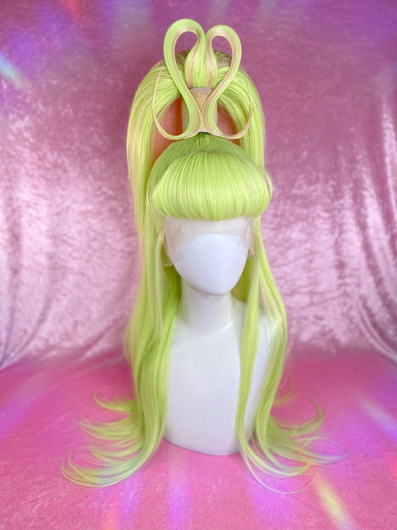 Ready 2 Ship Insta SALE - "Esther Bunny" high pony - Lime with custom Pastel pink highlights & Rolled fringe