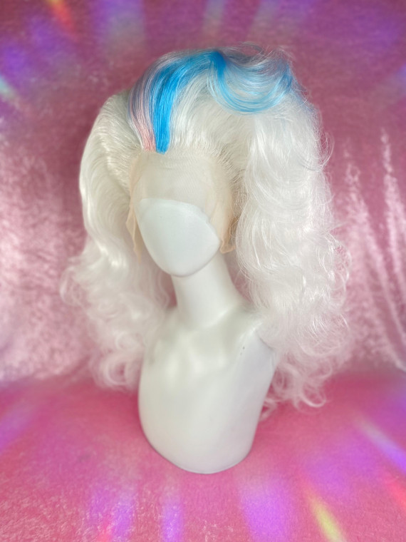 "BIG Pride" - One of a kind styled big white wig with custom pink and Blue streak.