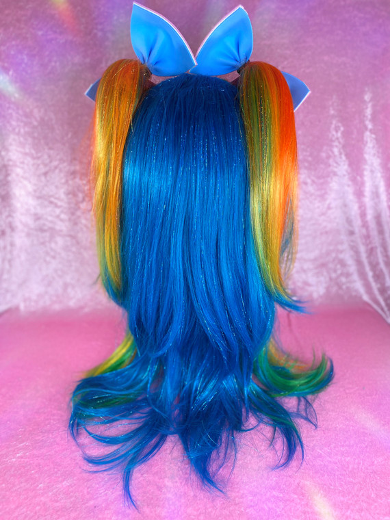 "Rain'BOW' Pride" - High density Tinsel Rainbow pigtail wig with wiggly details and hand crafted PRIDE Bows! 