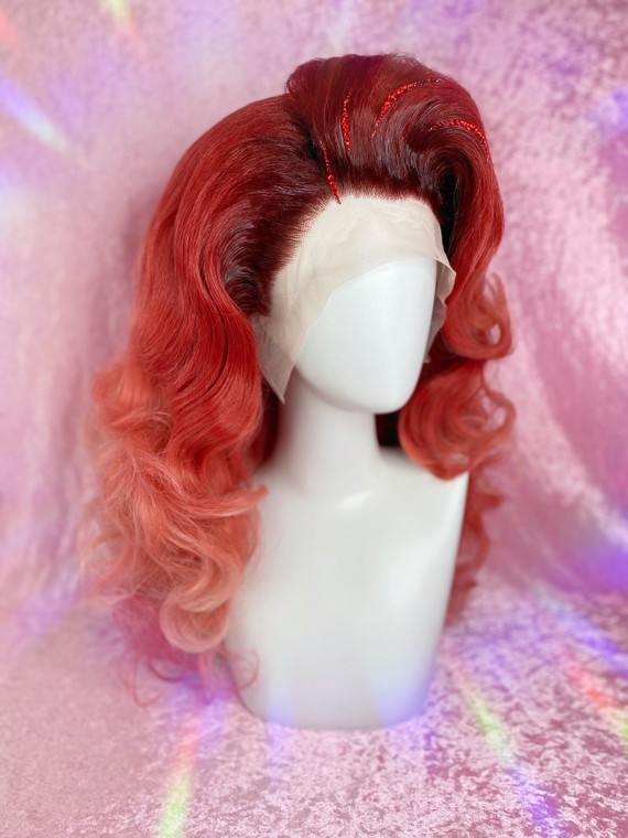 Ready 2 Ship - "How Rouge!" - big and lush Red rooted ombre wig with crystal details. 