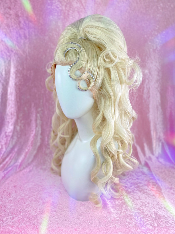 Ready 2 Ship Pre-Loved By Esther  - "Perfect Blonde" LUXURY SBE half up half down with ringlets, and cute wiggly fringe with  silver crystals. 