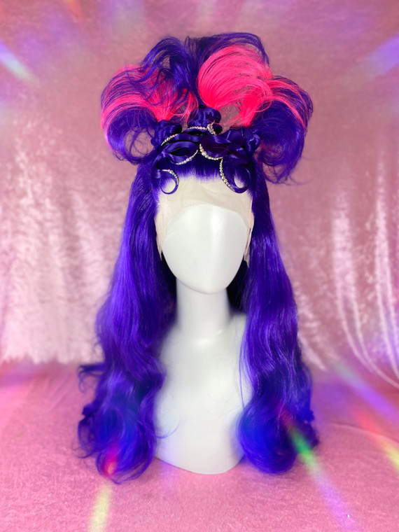 Ready 2 Ship  - triple Purple Buns with pink wefts added, solid wiggly details, and encrusted with AB crystals