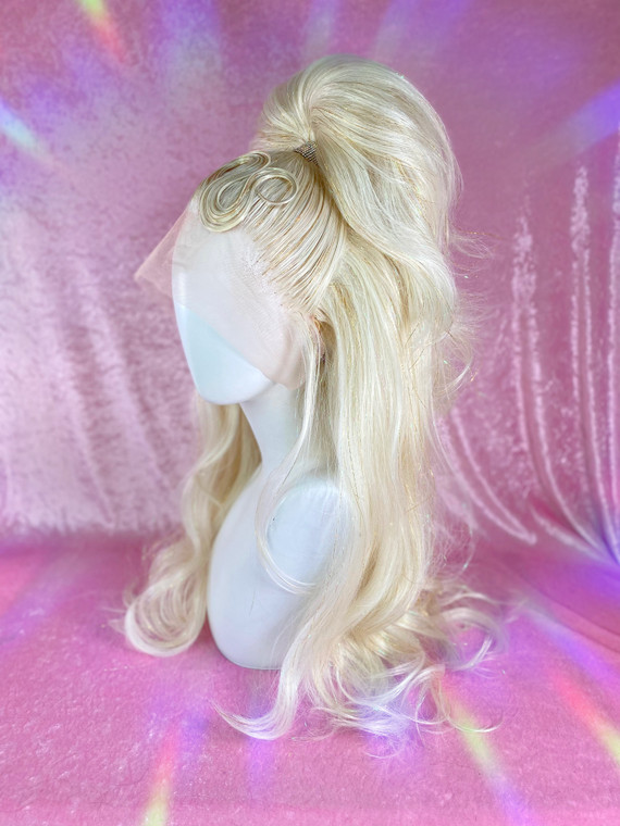 Chrissy SALE - "Christmas Genie"- Blonde gold and iridescent tinsel wig styled into pony with set solid wiggly fringe detail