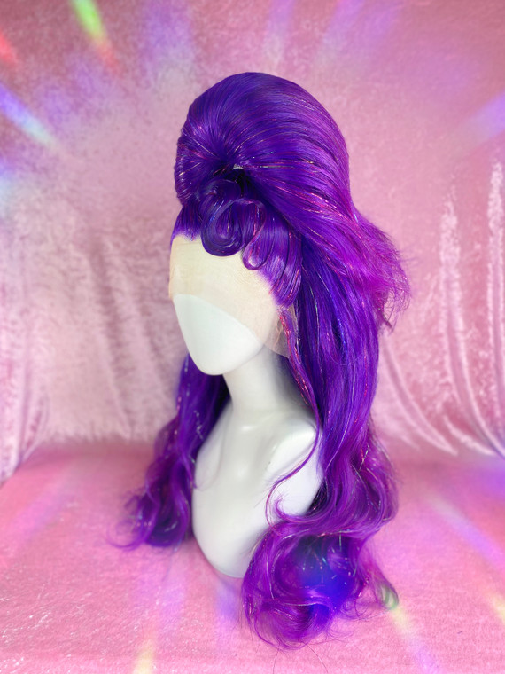 INSTA SALE - "Purple Pinup"-  half up purple ponytail with multi coloured tinsel and set solid swirl fringe,  high density. 