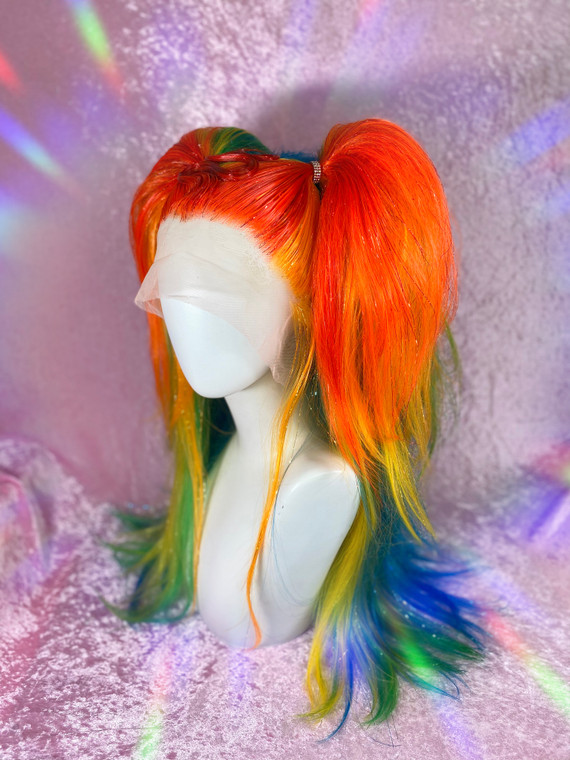 Ready 2 Ship NEW YEAR sale! - "Rainbow spice!!"-  lush Pigtail rainbow tinsel wig with wiggly detail. 