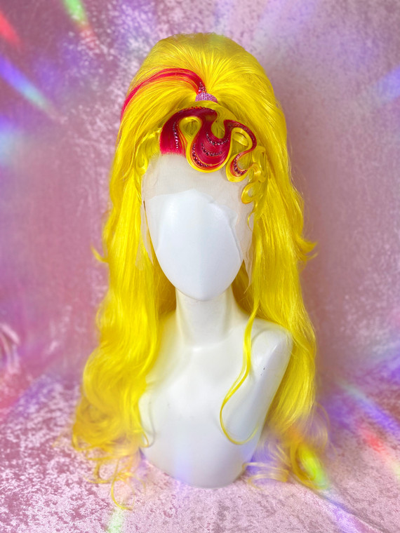 READY 2 SHIP! -  Big bird Yellow high ponytail  with Custom ventilated pink streak And pink crystal detailing 