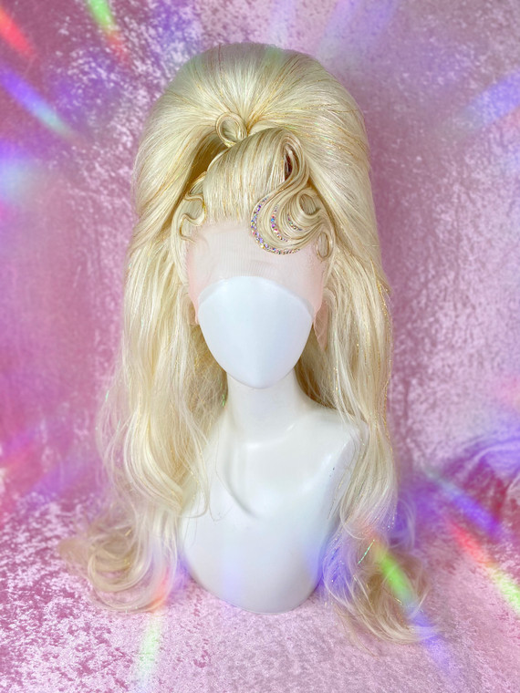 READY 2 SHIP! - Platinum blonde tinsel super High ponytail with set solid  Swirls and AB crystals 