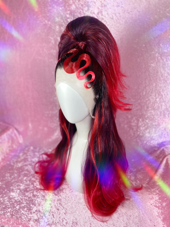READY 2 SHIP - "Red Devil" - Half up ponytail with set solid wiggly fringe detailing in lush rooted ombre black to red to pink. 