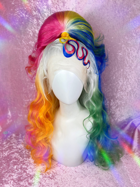 READY 2 SHIP - "Rainbow Crown" - super full Half up ponytail with set solid wiggly fringe detailing in white to rainbow ombre. 
