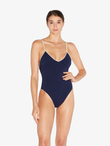 Maillot de bain à encolure en V bleu marine avec motif monogrammé_1