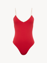 Maillot de bain à encolure en V rouge avec motif monogrammé_0