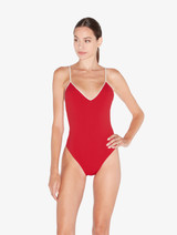 Maillot de bain à encolure en V rouge avec motif monogrammé_1