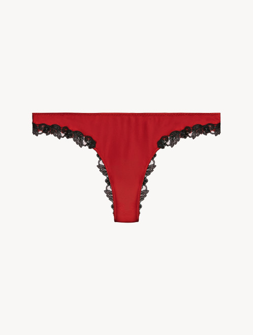 Slip brésilien en soie rouge rehaussée de guipure «frastaglio» noire_1