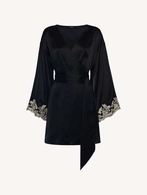 Robe de chambre courte en soie noir avec broderie en guipure «frastaglio»_0