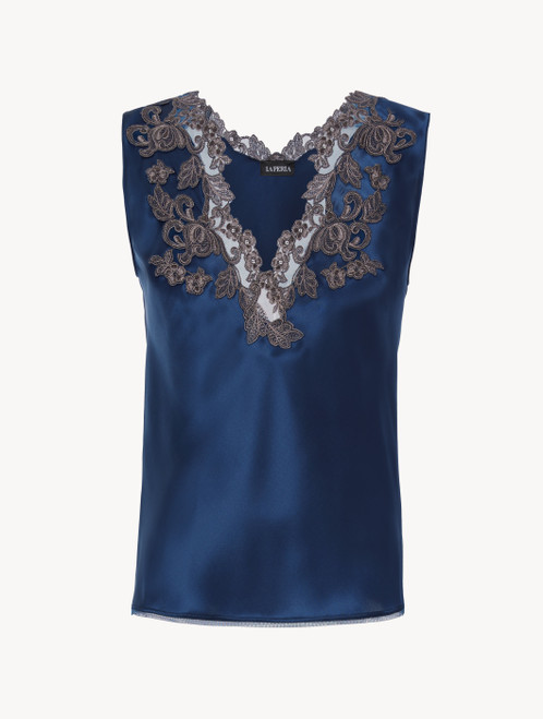 Top en satin de soie bleu foncé avec broderie en guipure «frastaglio»_3