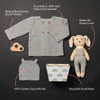 Pipsqueak Grey Neutral Baby Gift Basket - flat lay with callouts