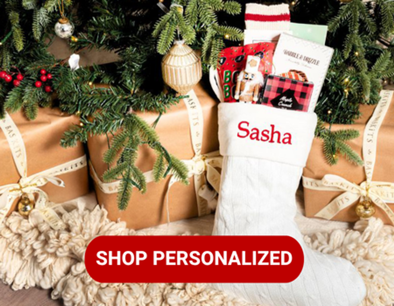 Personalized white stocking with red thread, under a Christmas tree