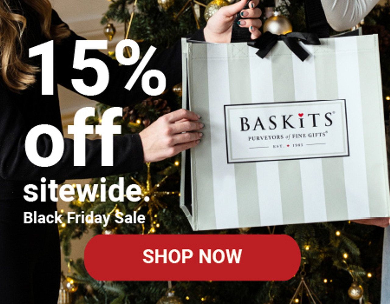 A photo of two people holding a Baskits bag in front of a Christmas tree