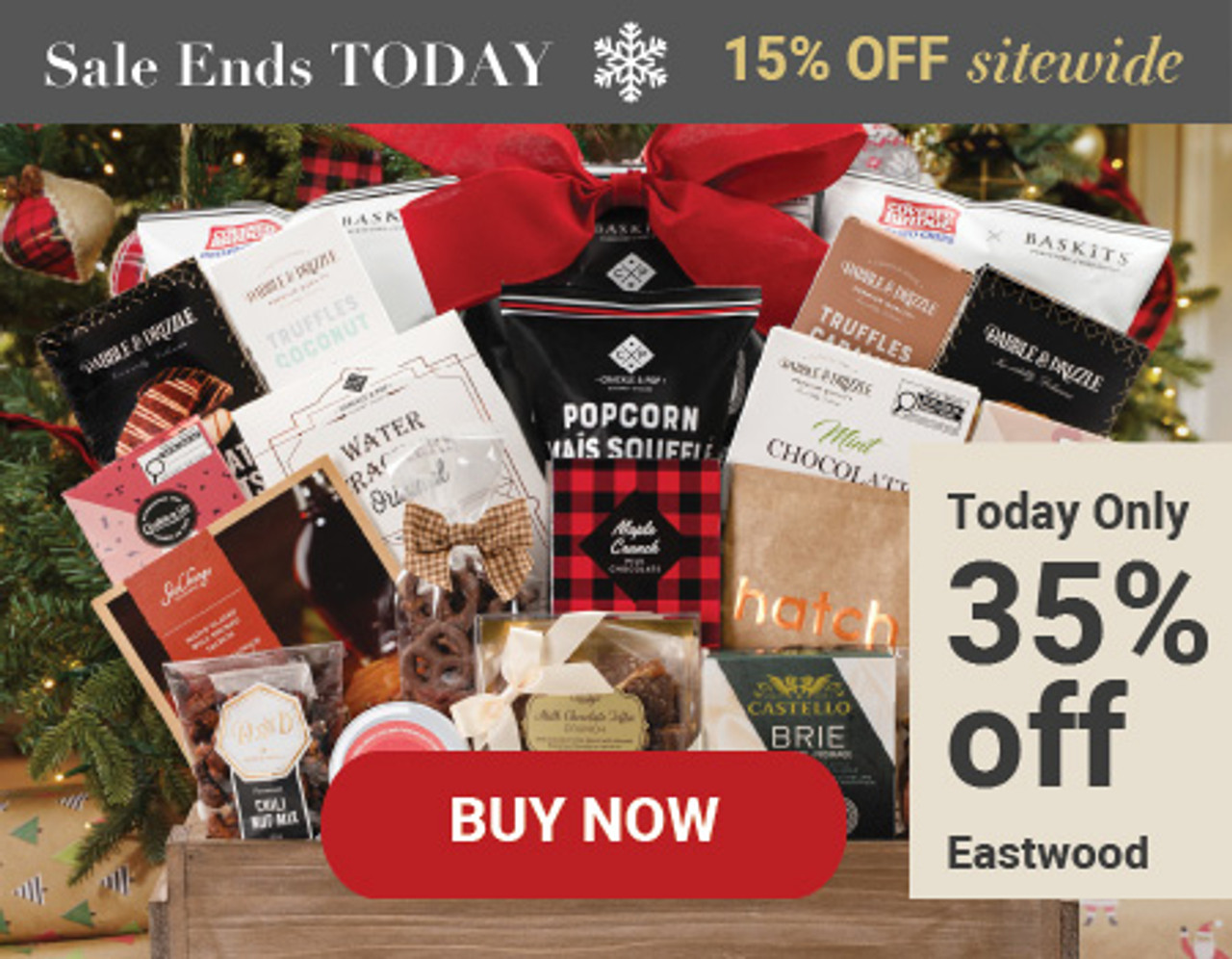 An up-close image of a gift basket with different treats inside.