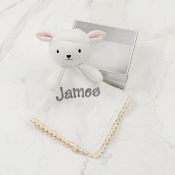 Leslie the Lamb Lovie Baby Gift - Flatlay Leslie the Lamb Lovie Baby Gift - Flatlay