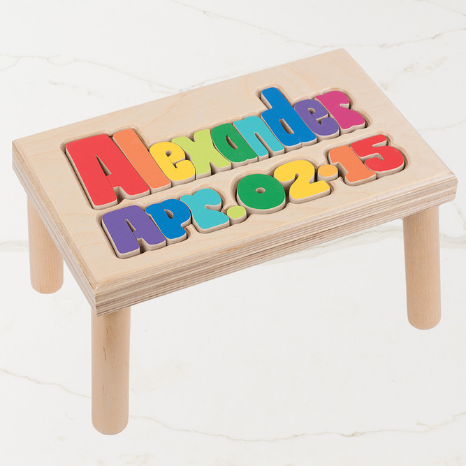 Custom Wooden Birthday Step Stool - Baby and Kids Gift - Name and Birthday in Primary Colors