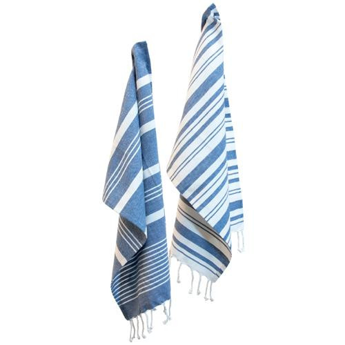 Boston International Tea Towel Set of 2 - Blue Stripes Fringed