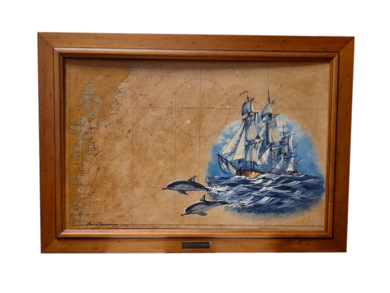 Oil on Chart Art Framed Painting - HMB Endeavour - Hull Down (1531)