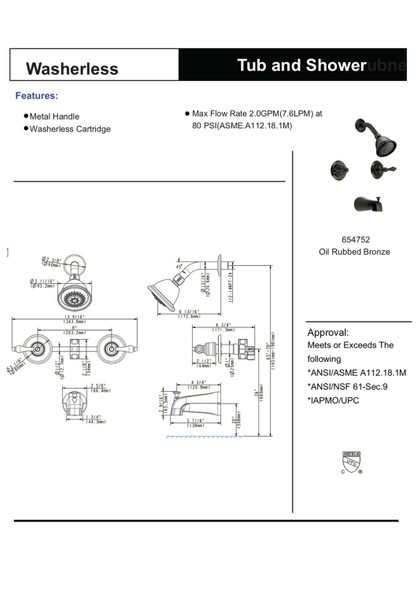 Designers Impressions 654752 Oil Rubbed Bronze Tub / Shower Combo Faucet with Multi-Setting Shower Head