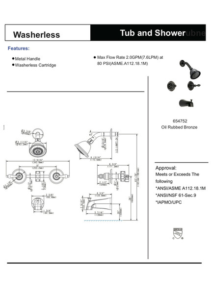 Designers Impressions 654752 Oil Rubbed Bronze Tub / Shower Combo Faucet with Multi-Setting Shower Head