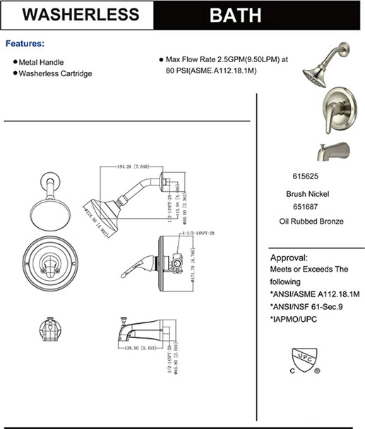 Designers Impressions 651687 Oil Rubbed Bronze Tub / Shower Combo Faucet with Multi-Setting Shower Head