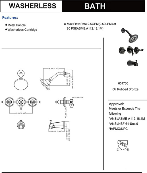 Designers Impressions 651701 Oil Rubbed Bronze Three Handle Tub / Shower Combo Faucet w/ Multi-Setting Shower Head