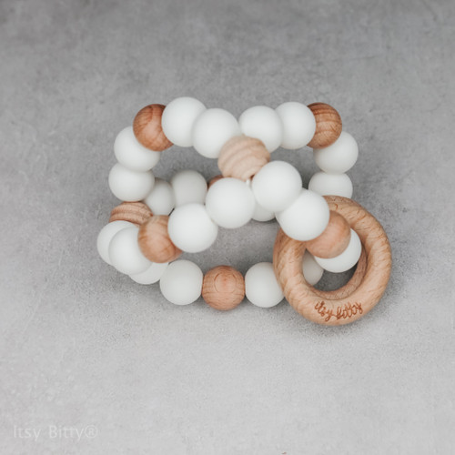 Wooden and Silicone Teether Ball - Rattle Toy - Vanilla White Wooden and Silicone Teether Ball - Rattle Toy - Vanilla White