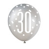Pack of 6 Birthday Glitz Black, Silver, & White Number 30 12" Latex Balloons
