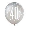 Pack of 6 Birthday Glitz Black, Silver, & White Number 40 12" Latex Balloons