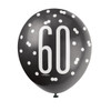 Pack of 6 Birthday Glitz Black, Silver, & White Number 60 12" Latex Balloons