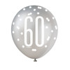 Pack of 6 Birthday Glitz Black, Silver, & White Number 60 12" Latex Balloons