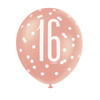 Pack of 6 12" Birthday Rose Gold Glitz Number 16 Latex Balloons