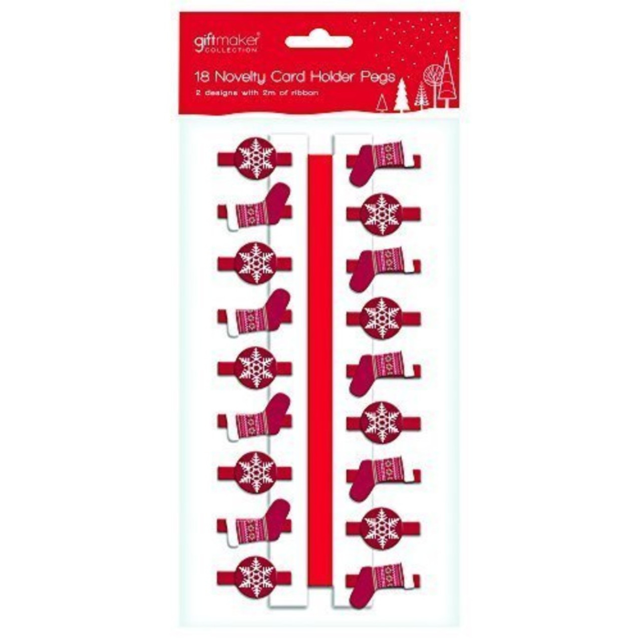 18 x Wooden Novelty Red Snowflake & Stocking Christmas Card Holder Pegs & 2 Metres of Ribbon 