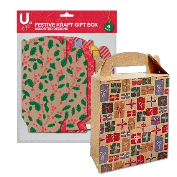Festive Box Pack of 4 Festive Kraft Designs Christmas Gift Boxes - Stationery Wholesale