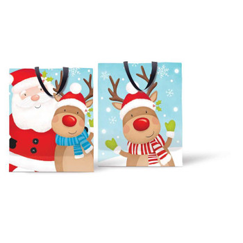 Pack of 12 Large Christmas Bag Cute Reindeer and Santa