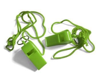 Bag of 100 Green Plastic Whistles with Lanyard Neck Cord