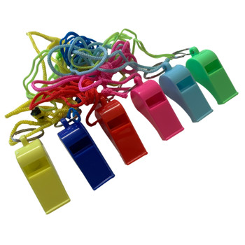 Bag of 100 Green Plastic Whistles with Lanyard Neck Cord