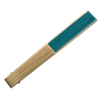 Turquoise Fabric Foldable Hand Held Bamboo Wooden Fan
