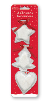 Pack of 3 Christmas White Fabric Hanging Decorations