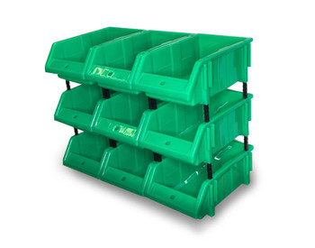 Stackable Green Storage Pick Bin with Riser Stands and Label 325x210x130mm