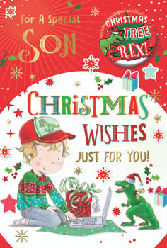 Special Son Christmas Tree Rex Dinosaur Design Christmas Card with Badge Special Son Christmas Tree Rex Dinosaur Design Christmas Card with Badge