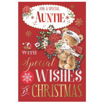 For a Special Auntie Bear Carring Flower Bouquet Design Christmas Card