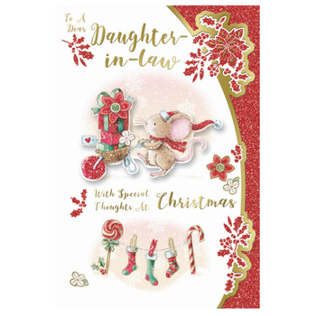 To a Dear Daughter In Law Mouse With Gift Backet Design Christmas Card