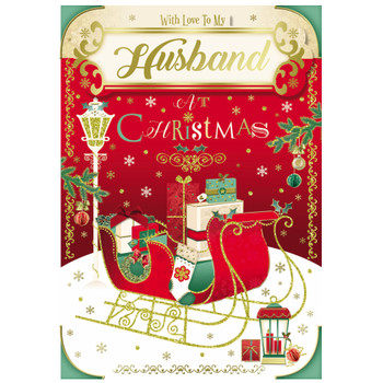 With Love To My Husband Sleigh With Gifts Design Glitter Finished Christmas Card With Love To My Husband Sleigh With Gifts Design Glitter Finished Christmas Card