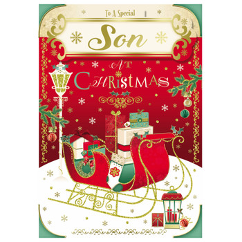 To a Special Son Sleigh With Gifts Design Glitter Finished Christmas Card To a Special Son Sleigh With Gifts Design Glitter Finished Christmas Card